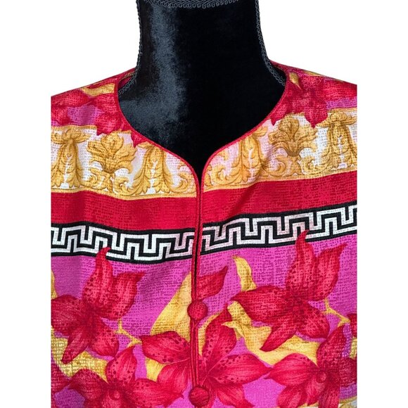 Vintage 100% Silk Floral Patterned Button Up Light Soft Jacket Vibrant Pink Gold - Picture 2 of 15